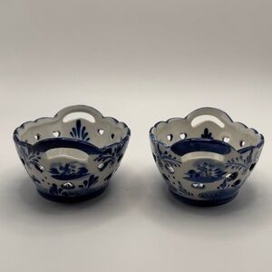 2 Delft Handpainted Baskets - Heart Cutouts, Blue and White, Windmill, Flowers
